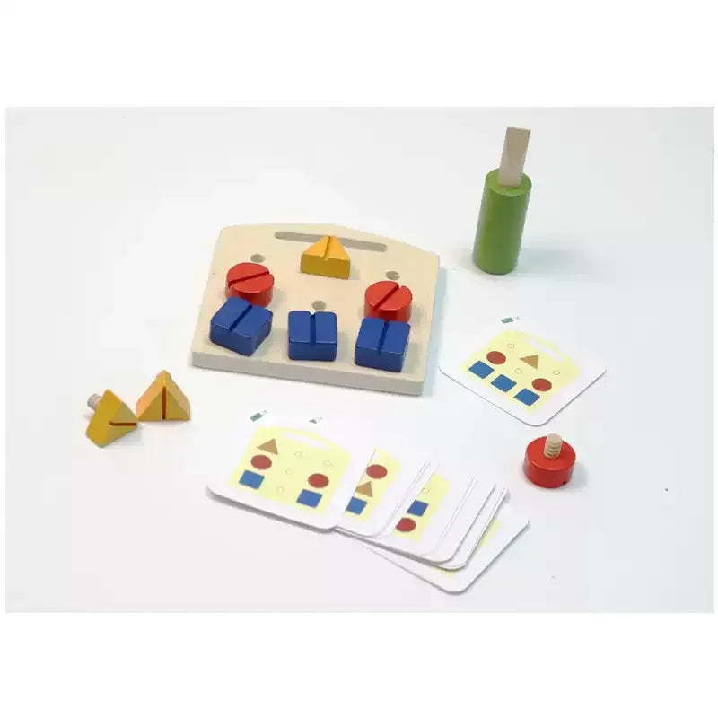 Board and wooden screwdriver beside challenge cards showing colour-and-shape layouts