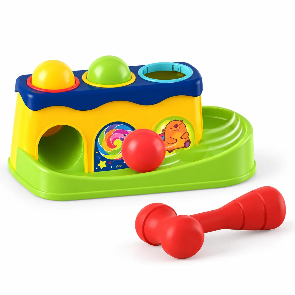 Knock-ball track with a red hammer and three coloured balls
