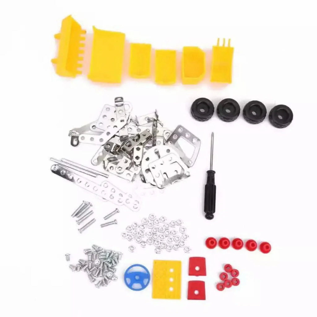 Metal plates, wheels, fasteners and screwdriver laid out