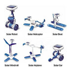 Six labelled solar models: robot, helicopter, boat, windmill, aeroplane, car