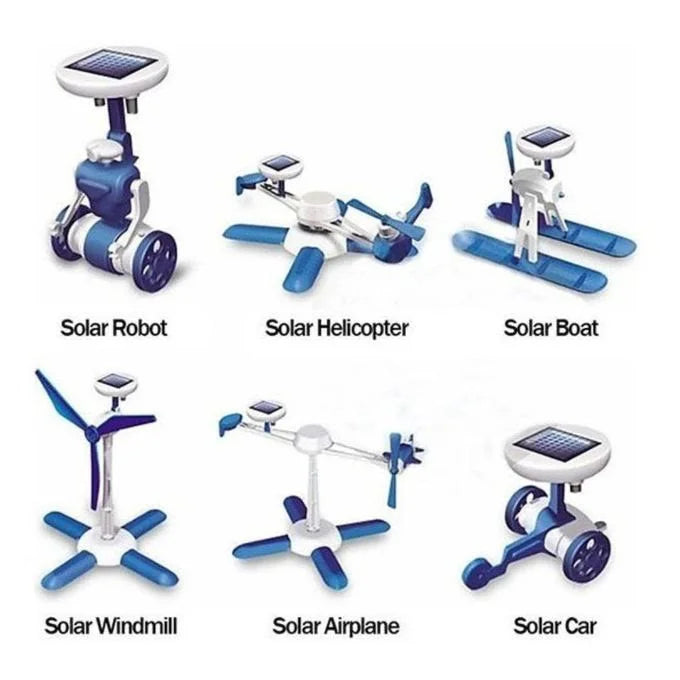 Six labelled solar models: robot, helicopter, boat, windmill, aeroplane, car