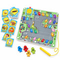 Magnetic alphabet maze board with picture cards and tethered pen