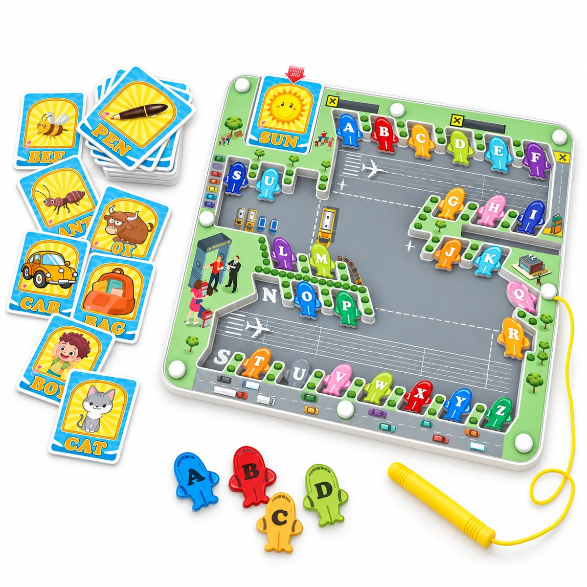 Magnetic alphabet maze board with picture cards and tethered pen