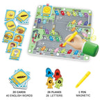 Board, letter pieces, cards and pen laid out