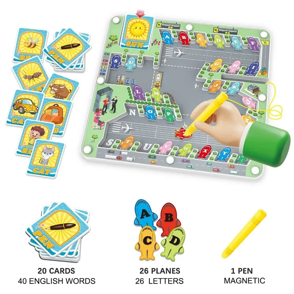 Board, letter pieces, cards and pen laid out