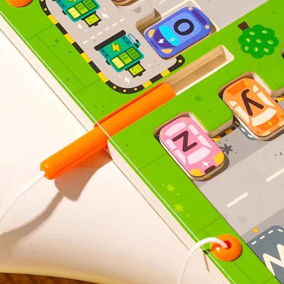 Magnetic pen clipped to the maze board
