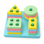 Pastel geometric stacker with sixteen wooden pieces on the base