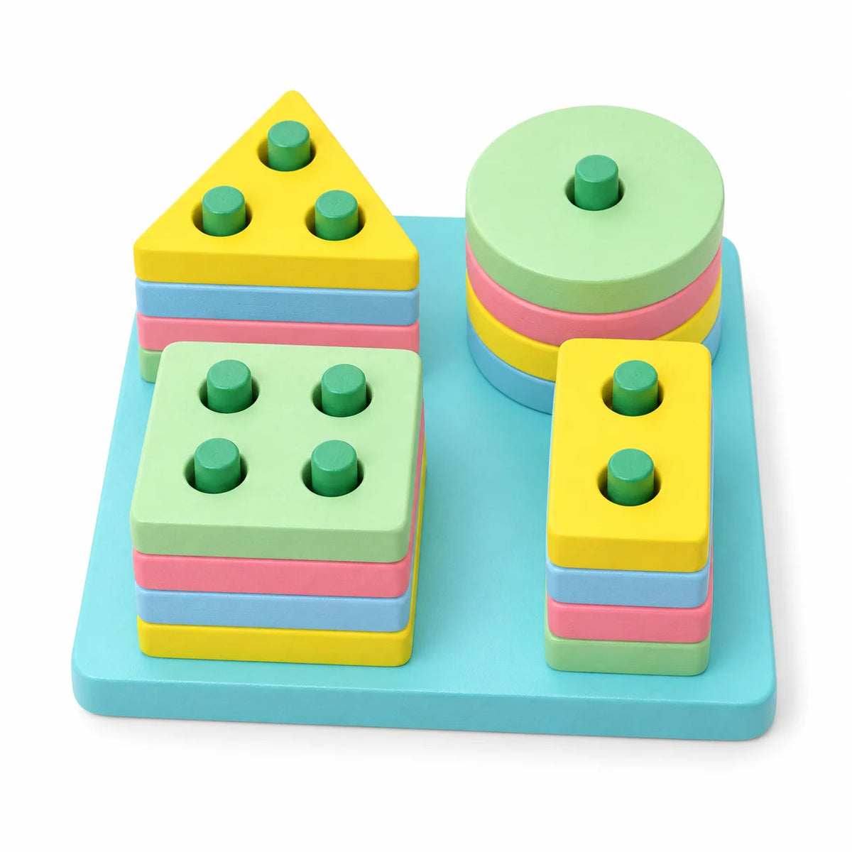 Pastel geometric stacker with sixteen wooden pieces on the base