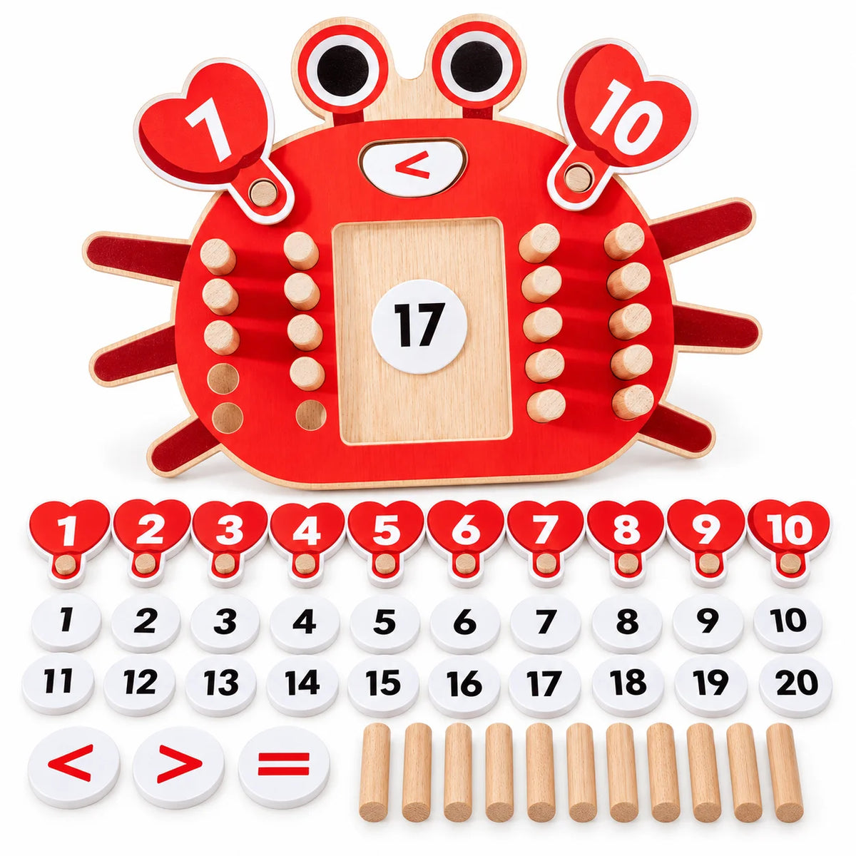 Crab math board with heart numbers, round answers 0–20, comparison signs and rods