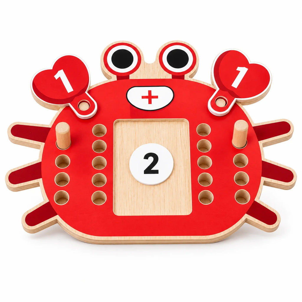 Wooden crab math board set out for play