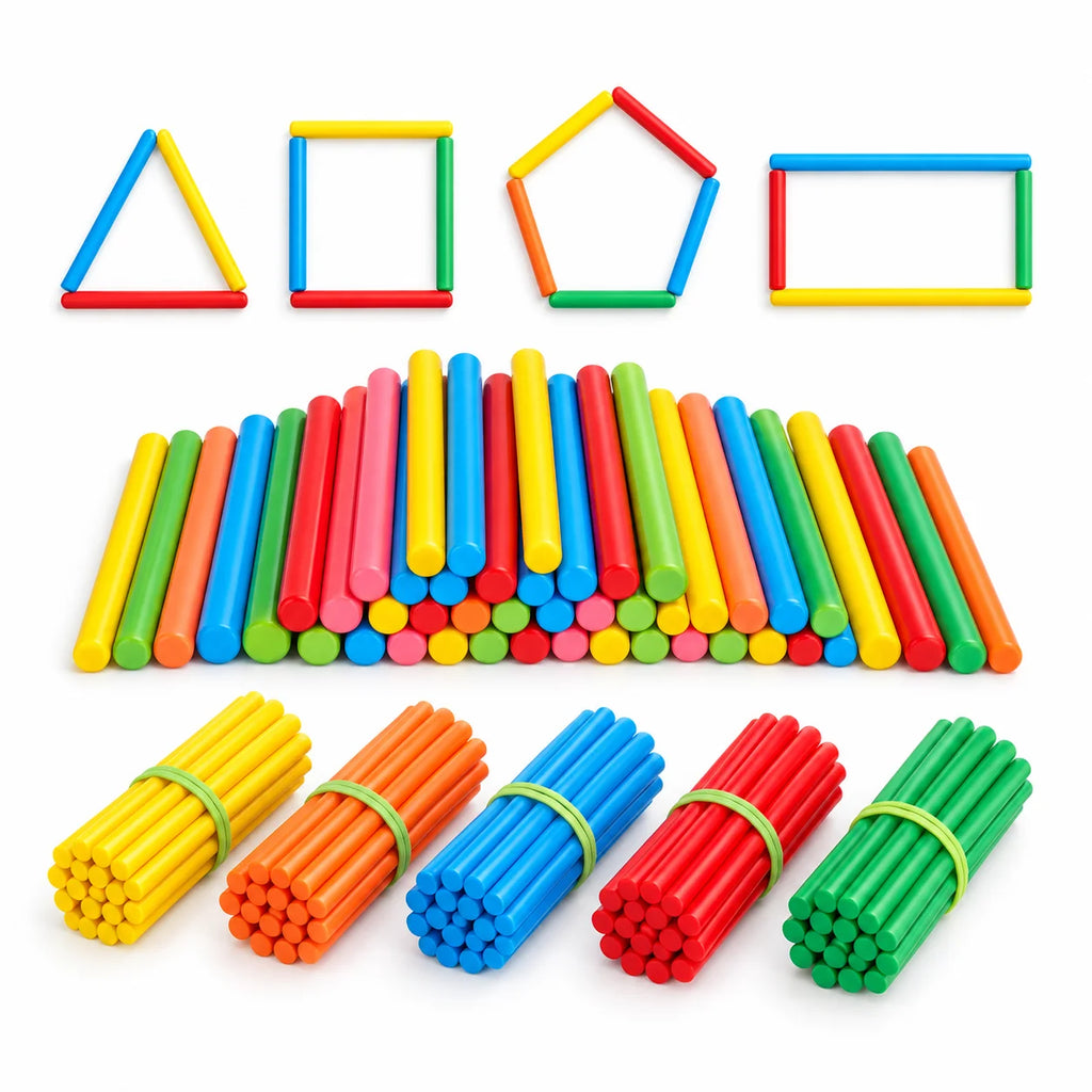 Coloured counting sticks in a pile, colour bundles, and simple shapes