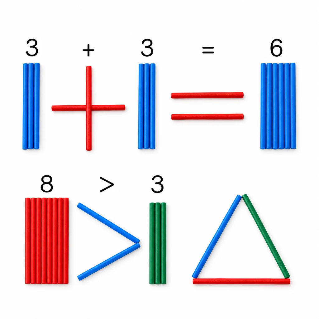 Counting sticks arranged as addition, comparison, and a triangle