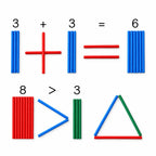 Counting sticks arranged as addition, comparison, and a triangle