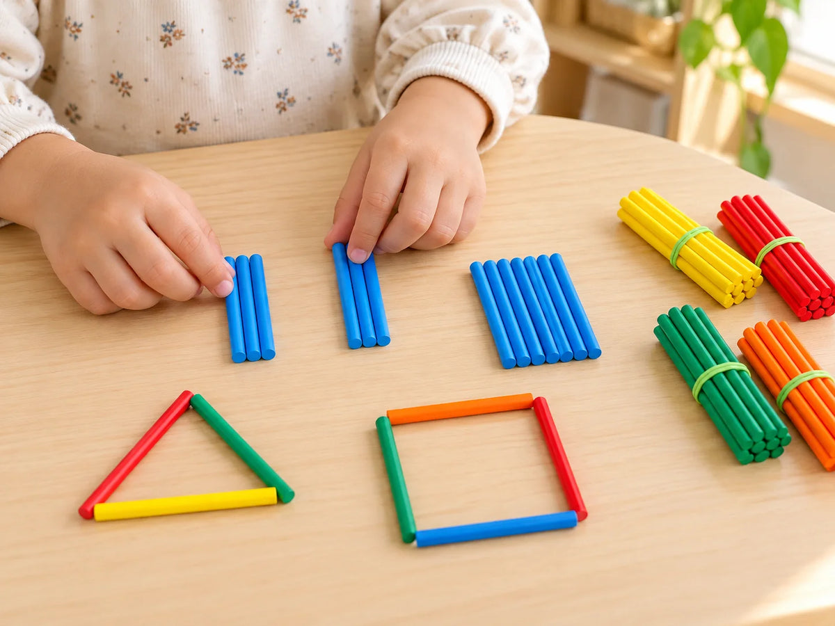 Child using coloured counting sticks on a table