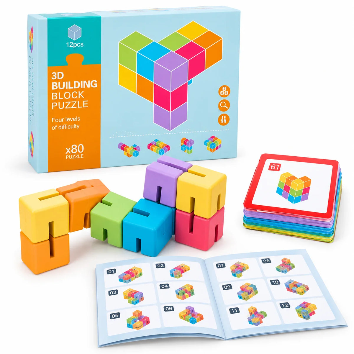 Connected 12-cube puzzle with challenge cards