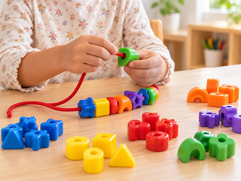 Child threading colourful lacing beads