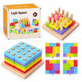 Logic Square box, stacked pieces, board, and four challenge cards