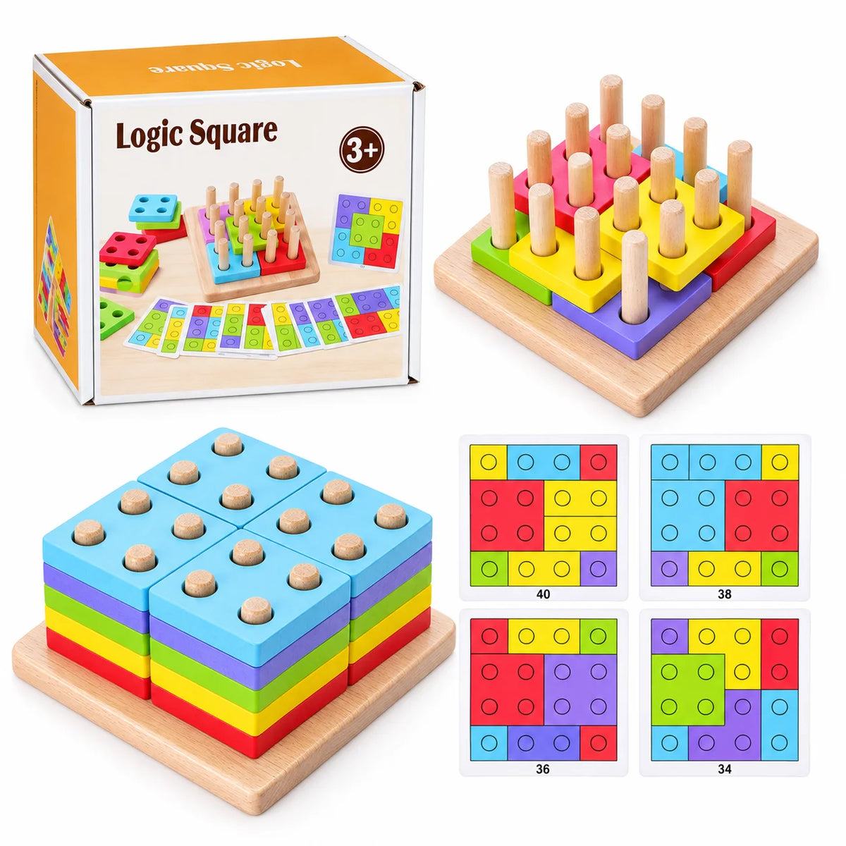 Logic Square box, stacked pieces, board, and four challenge cards