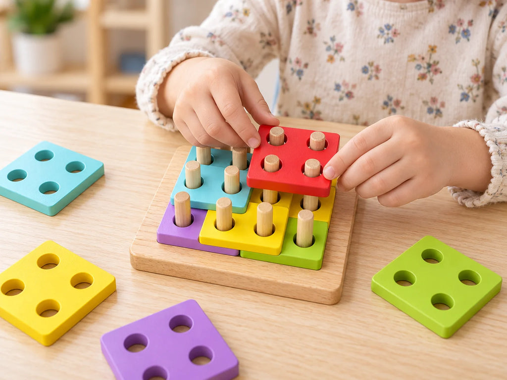 Child placing coloured pieces on the logic square board