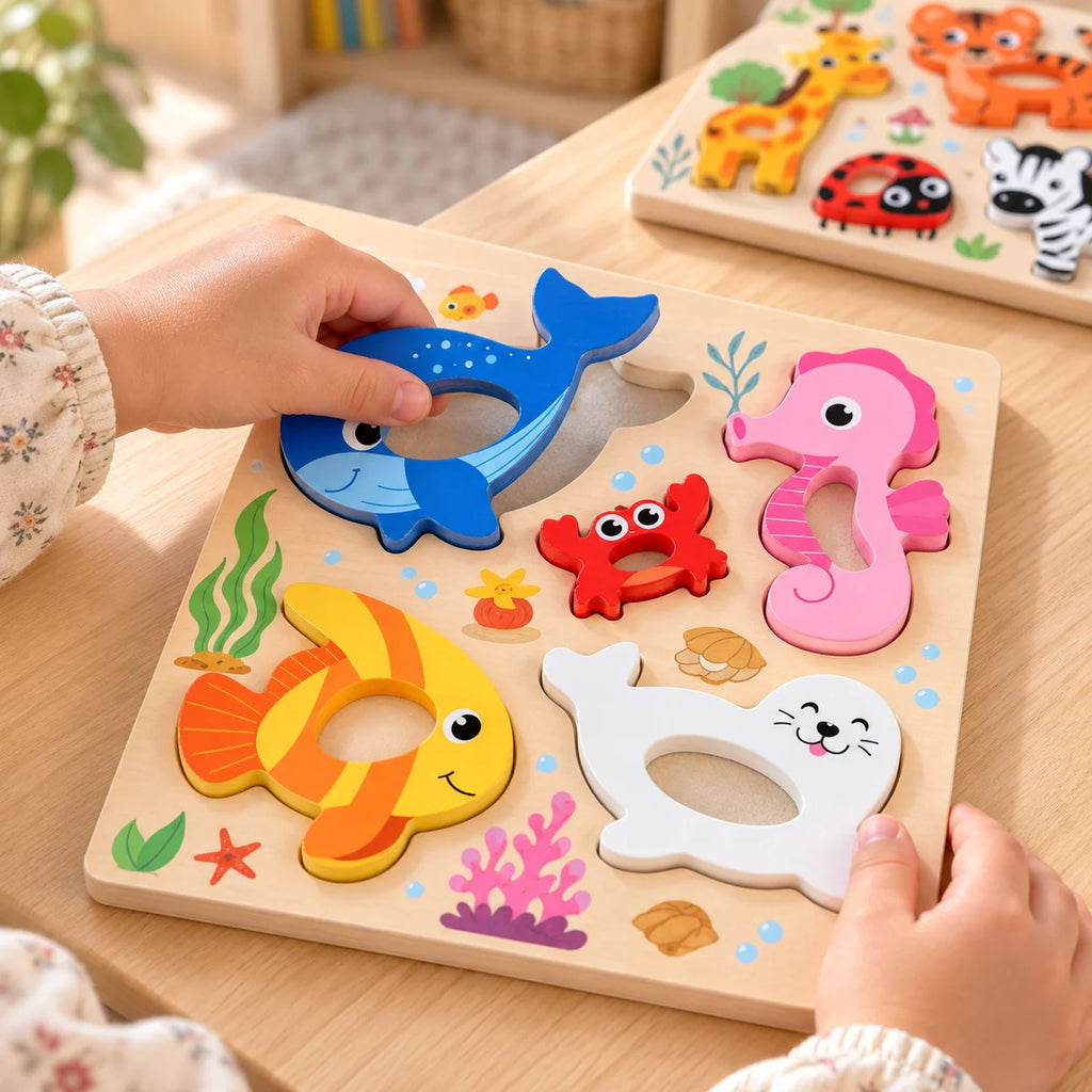 Child lifting a finger-grip puzzle piece from a wooden board