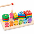 Wooden fishing stacker with six magnetic fish and coloured shape stacks
