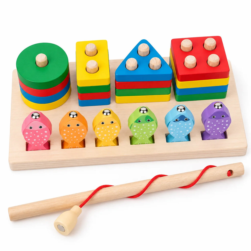 Fishing stacker pieces laid out: fish, rod, shapes, and base
