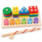 Fishing stacker pieces laid out: fish, rod, shapes, and base