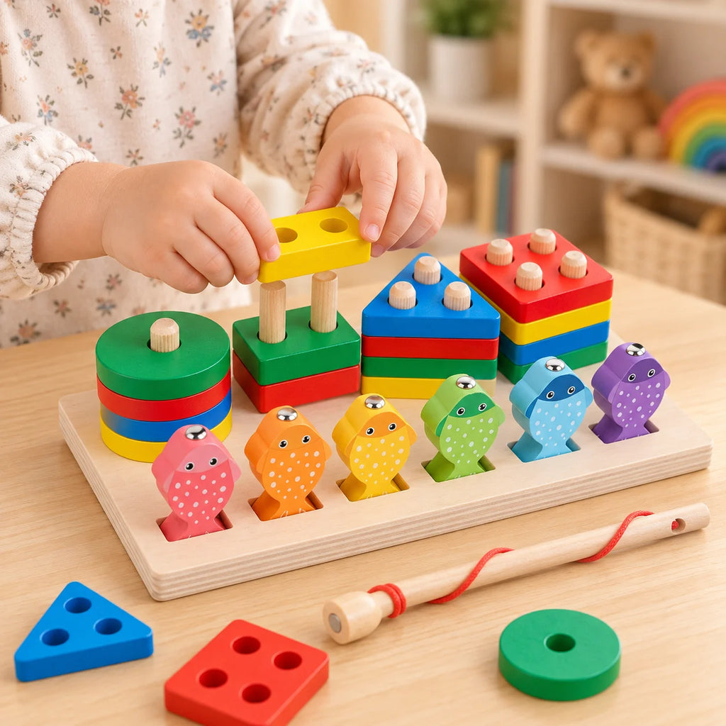 Child fishing a wooden magnetic fish from the stacker