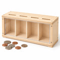 Assembled four-compartment wooden coin bank with a clear front