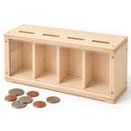 Assembled four-compartment wooden coin bank with a clear front