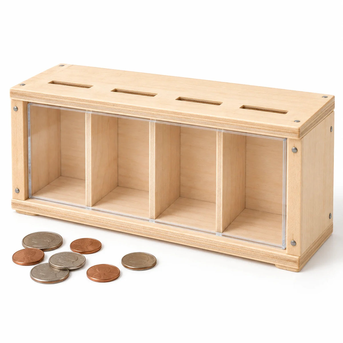 Assembled four-compartment wooden coin bank with a clear front