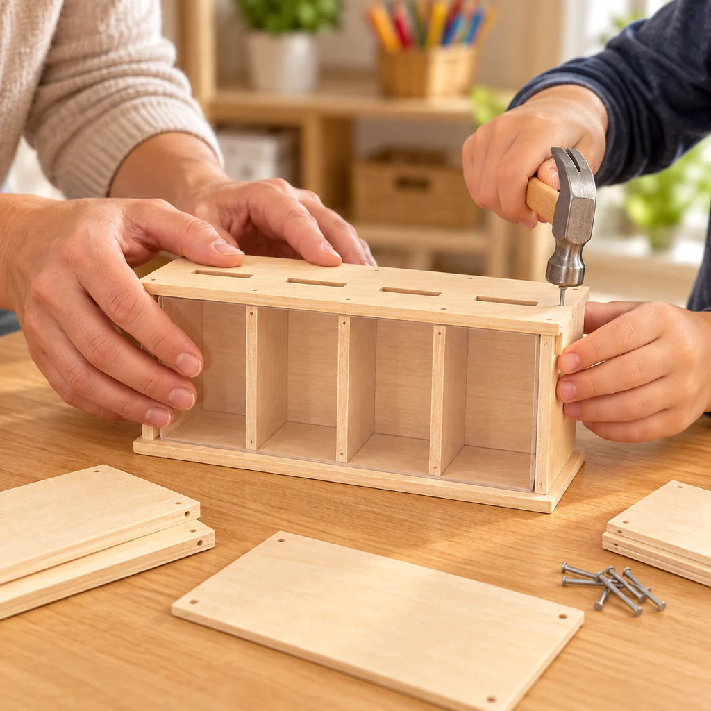 Adult and child assembling the wooden coin bank