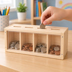 Coins dropping into the four-compartment wooden bank