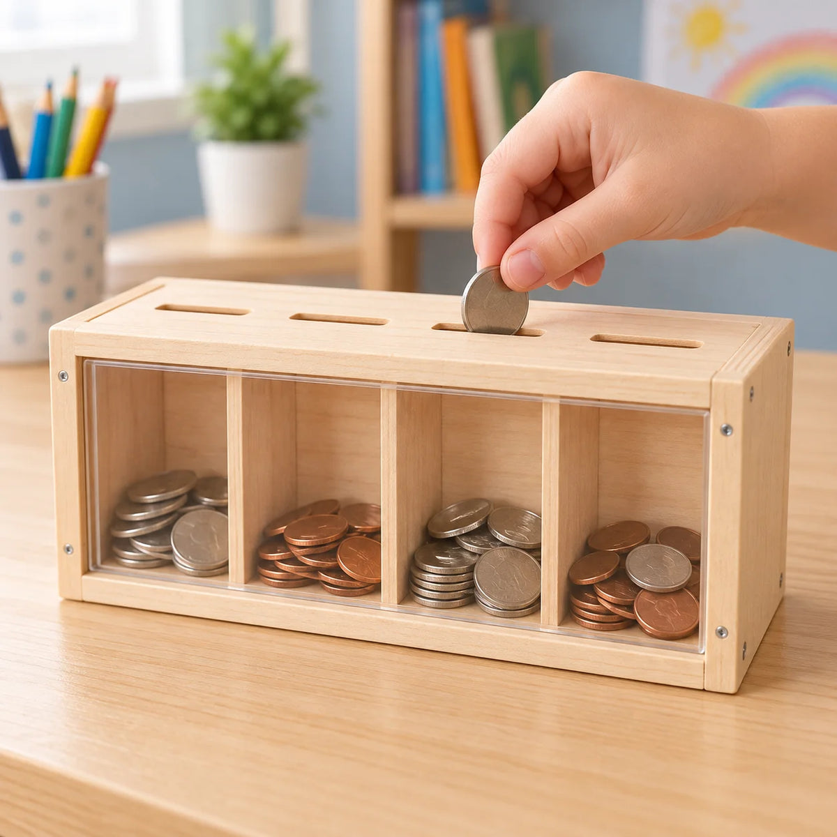 Coins dropping into the four-compartment wooden bank