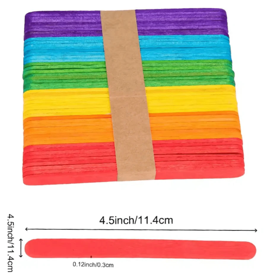 Rainbow bundle of wooden craft sticks with 11.4 cm length marked