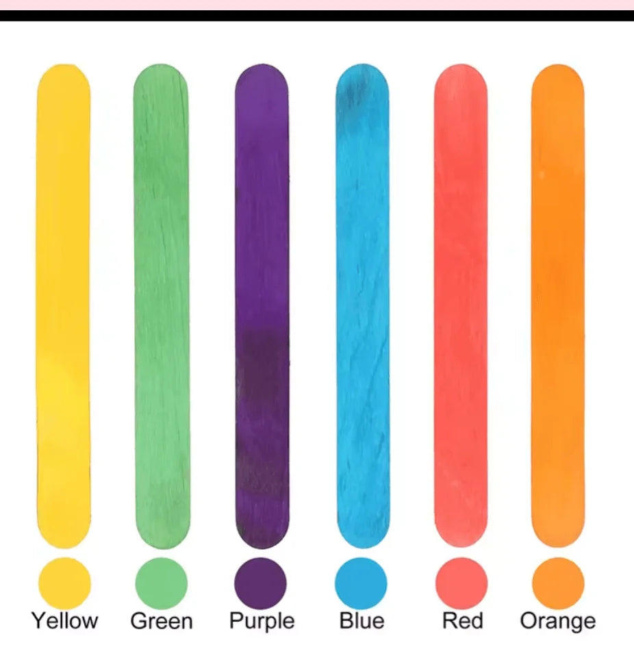Six coloured craft sticks: yellow, green, purple, blue, red, orange