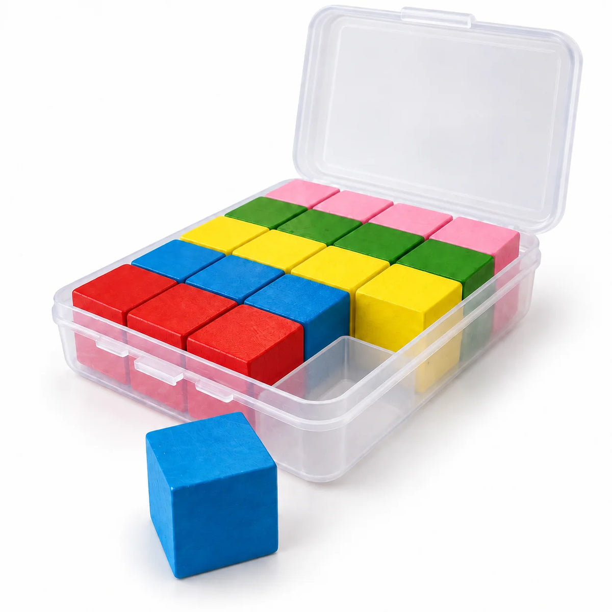 Twenty coloured wooden cubes in an open clear plastic case