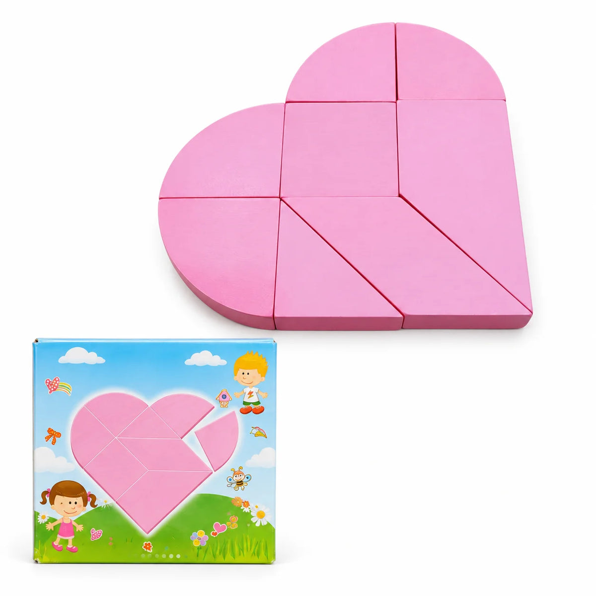 Pink heart tangram beside its illustrated box