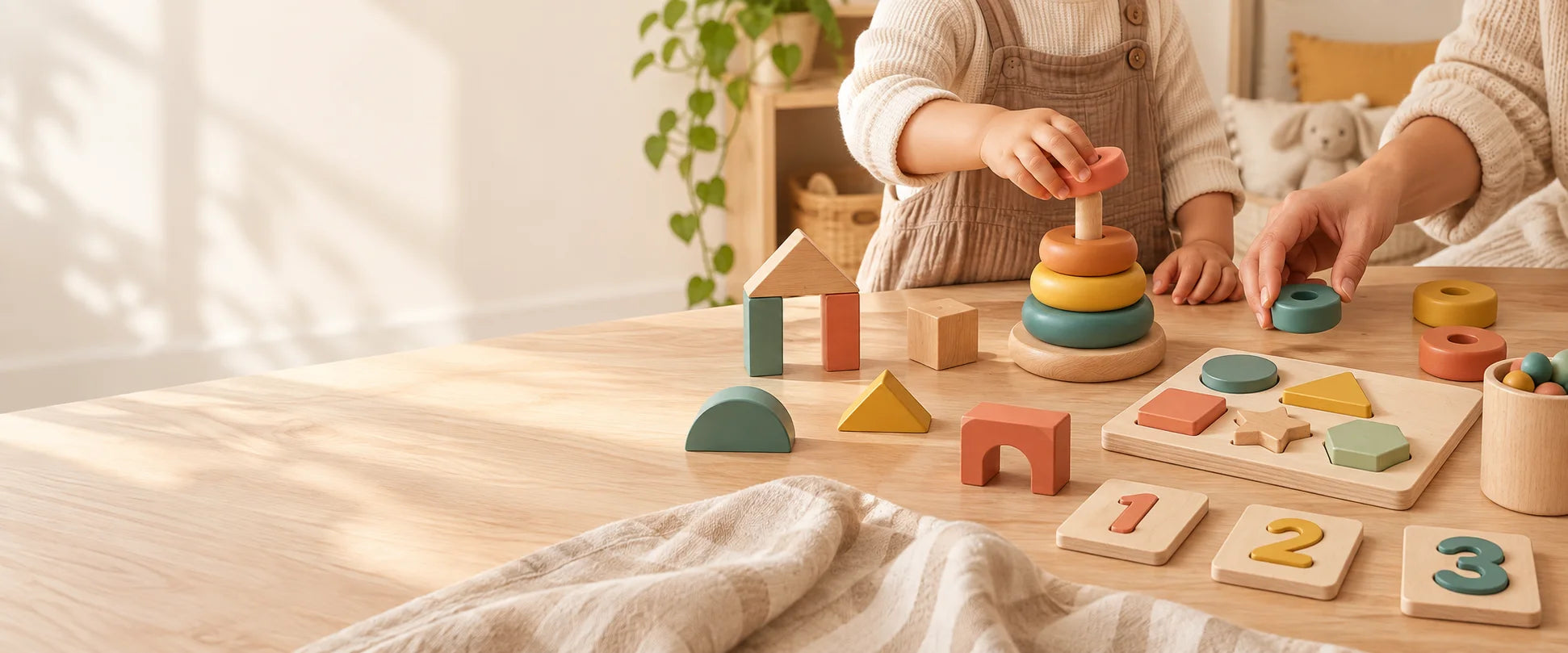 Hands exploring colorful wooden learning toys on a playroom table